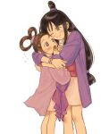  2girls ace_attorney bangs black_hair blunt_bangs blush brown_eyes brown_hair closed_mouth hair_ornament hair_rings half_updo hanten_(clothes) highres hug jacket japanese_clothes kimono long_hair long_sleeves looking_at_another maya_fey multiple_girls open_mouth parted_bangs pearl_fey purple_jacket renshu_usodayo short_hair short_kimono sidelocks simple_background smile surprised sweatdrop white_background 