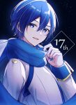  1boy absurdres birthday blue_eyes blue_hair blue_nails blue_outline blue_scarf coat dated headset highres kaito_(vocaloid) looking_at_viewer male_focus nail_polish night open_mouth outline scarf see-through short_hair smile star_(sky) teneko02 vocaloid 