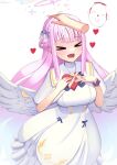  &gt;o&lt; 1girl absurdres angel_wings blue_archive blush box box_of_chocolates closed_eyes hand_on_another&#039;s_head headpat heart highres kieharo long_hair mika_(blue_archive) open_mouth pink_hair school_uniform scrunchie simple_background smile valentine wings 