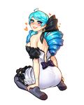  1girl ass backboob bangs bare_shoulders black_bow black_gloves blushyspicy bow breasts detached_sleeves dress drill_hair frilled_dress frilled_sleeves frills from_behind gloves green_eyes green_hair grin gwen_(league_of_legends) hair_bow heart large_breasts league_of_legends long_hair looking_at_viewer looking_back no_shoes sitting smile solo strapless strapless_dress teeth transparent_background twin_drills twintails 