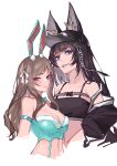 2girls absurdres animal_ears aqua_bow aqua_bowtie armband bangs bare_shoulders black_hair black_headwear black_jacket blue_eyes blunt_bangs bow bowtie breasts brown_hair chest_strap cleavage closed_mouth cropped_torso grin hair_ornament hat highres jacket jacket_partially_removed long_hair looking_at_viewer medium_breasts midriff multiple_girls navel original rabbit_ears ribbon ribbon_hair simple_background small_breasts smile stomach white_ribbon wolf_ears yaoshan_shi 