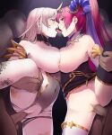  2boys 2girls anesaki asymmetrical_legwear bangs bare_shoulders bisexual_female blush bottomless breast_press breasts breasts_out censored commission covered_navel curled_horns detached_collar detached_sleeves faceless faceless_male fire_emblem fire_emblem_heroes french_kiss goat_horns gold_trim grey_hair group_sex gullveig_(fire_emblem) hair_ornament heavy_breathing highres holding_legs horns kiss large_breasts leg_up leotard long_hair mature_female mosaic_censoring multiple_boys multiple_girls nerthuz_(fire_emblem_heroes) nipples pale_skin penis pink_hair purple_eyes purple_hair pussy saliva scales sex single_horn skeb_commission skin_tight symmetrical_docking thick_thighs thighs torn_clothes vaginal veil yellow_eyes yellow_horns zettai_ryouiki 