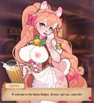  alcohol anthro apron beer bell bell_accessory beverage big_breasts blush bracelet breasts clothing dialogue exposed_breasts eyeshadow female freckles fur genitals green_eyes hair hi_res holding_beverage holding_object huge_breasts jewelry lagomorph leporid long_hair makeup mammal navel open_mouth orange_hair parfait_(parfaitbunny) parfaitbunny pink_eyeshadow pussy rabbit solo talking_to_viewer tan_body tan_fur text thick_thighs white_body white_fur wide_hips 