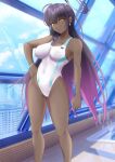  1girl absurdres black_hair blue_archive breasts commentary_request competition_swimsuit dark-skinned_female dark_skin feet_out_of_frame halo hand_on_hip highleg highleg_swimsuit highres karin_(blue_archive) large_breasts leaning_to_the_side one-piece_swimsuit purple_hair rei_no_pool solo swimsuit umachan_(umapotato) white_one-piece_swimsuit yellow_eyes 