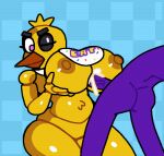 animatronic anthro areola avian beak bib big_breasts bird blue_background bodily_fluids breast_play breasts brown_areola brown_nipples butt checkered_background chica_(fnaf) chicken crushtrap cum duo ejaculation eyebrows eyelashes female five_nights_at_freddy&#039;s galliform gallus_(genus) genital_fluids genitals head_feathers head_tuft huge_breasts machine male male/female nipples nude one_eye_closed pattern_background penis phasianid purple_eyes robot scottgames sex simple_background thick_eyebrows thick_thighs titfuck tuft wide_hips yellow_body 