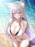  1girl animal_ear_fluff animal_ears arm_at_side arm_up bangs beach bikini blush breasts cleavage closed_mouth collarbone commentary_request green_eyes grey_hair hair_between_eyes highleg highleg_bikini highres large_breasts layered_bikini long_hair looking_at_viewer navel ocean original solo standing sunlight swimsuit tail uonuma_yuu very_long_hair wet white_bikini 