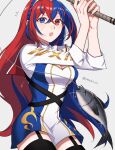  1girl alear_(female)_(fire_emblem) alear_(fire_emblem) bangs black_thighhighs blue_eyes blue_hair braid breasts cleavage_cutout clothing_cutout crossed_bangs crown_braid elbow_sleeve fire_emblem fire_emblem_engage fish fishing_rod garter_straps hair_between_eyes heterochromia highres long_hair medium_breasts multicolored_hair official_alternate_costume open_mouth peach11_01 red_eyes red_hair romper shorts solo split-color_hair thighhighs tiara two-tone_hair very_long_hair 