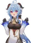  1girl @_@ abandon_ranka ahoge bell black_gloves blue_hair blush breasts commentary_request cowbell detached_sleeves ganyu_(genshin_impact) genshin_impact gloves goat_horns hands_up highres horns long_hair long_sleeves medium_breasts solo sweat wavy_mouth white_background 