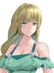  1girl bangs bare_shoulders bikini blonde_hair blunt_bangs breasts cleavage collarbone commentary_request fire_emblem fire_emblem:_three_houses fire_emblem_heroes green_bikini green_eyes grin highres ingrid_brandl_galatea long_hair looking_at_viewer off_shoulder official_alternate_costume sail_(sail-away) simple_background smile solo swimsuit upper_body white_background 