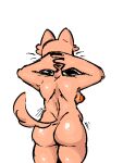  anthro belly domestic_cat felid feline felis female fur glistening glistening_body hand_on_head mammal mevka_(artist) nipples orange_nipples rear_view solo spine tan_body tan_fur thick_thighs whiskers 