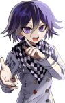  1boy :d absurdres bangs blush buttons checkered_clothes checkered_scarf danganronpa_(series) danganronpa_v3:_killing_harmony double-breasted grey_jacket hair_between_eyes hands_up highres index_finger_raised jacket long_sleeves medium_hair ouma_kokichi purple_eyes purple_hair scarf simple_background smile solo teeth tongue upper_body white_background zhou_ben 