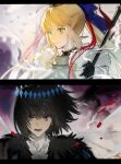  ahoge armor artoria_caster_(fate) artoria_caster_(third_ascension)_(fate) artoria_pendragon_(fate) bangs bird black_fur black_gloves black_hair blonde_hair blue_eyes cape closed_mouth collar collared_shirt crown f3000_kiara fate/grand_order fate_(series) fur_trim gloves gold_trim green_eyes hair_between_eyes highres holding holding_staff long_hair oberon_(fate) open_mouth red_ribbon ribbon shirt short_hair simple_background staff teeth uvula white_cape white_fur white_shirt 