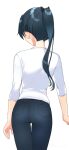  1girl alternate_costume black_hair black_pants commentary_request commission cowboy_shot from_behind houshou_(kancolle) kantai_collection koruri long_hair pants ponytail shirt simple_background skeb_commission sleeves_past_elbows solo white_background white_shirt 