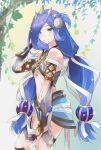  1girl armor bangs bare_shoulders black_tea_63 blue_eyes blue_hair breasts closed_mouth dana_(ys) hair_ribbon hand_up highres long_hair looking_at_viewer low_twintails midriff navel ribbon see-through see-through_sleeves simple_background small_breasts smile solo standing stomach twintails very_long_hair white_ribbon ys ys_viii_lacrimosa_of_dana 