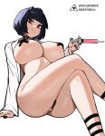  1girl areola_slip bangs bar_censor black_choker black_nails blue_hair blunt_bangs breasts censored choker collar covered_nipples crossed_legs doctor donburi_(donburikazoku) dress duplicate highres holding holding_syringe labcoat large_breasts looking_at_viewer nail_polish naked_labcoat nipple_slip nipples no_bra pasties persona persona_5 pixel-perfect_duplicate pussy red_eyes short_hair sitting smile solo spiked_choker spikes studded_choker studded_collar syringe takemi_tae thighs 