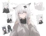  1other 2girls animal_ears arknights black_coat coat doctor_(arknights) glasses grey_hair hair_straightener hand_mirror highres lappland_(arknights) light_bulb long_hair makeup_brush mebe_(teadia_violet) mirror multiple_girls ribbed_sweater scar solo_focus spoken_light_bulb sweater texas_(arknights) translation_request wolf_ears 