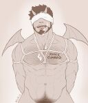  1boy abs arms_behind_back bara bdsm beard blank_page_drawings blindfold bondage bound chest_hair completely_nude cum cum_on_body cum_on_boy cum_on_pectorals demon_boy demon_horns demon_wings english_text facial facial_hair highres horns large_pectorals leg_hair licking licking_cum male_focus male_pubic_hair mature_male monochrome muscular muscular_male navel navel_hair nipples nude original out-of-frame_censoring pectorals pubic_hair short_hair solo stomach tongue tongue_out underbust upper_body wings 