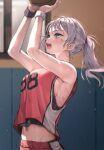 1girl armpits ball bangs basketball basketball_jersey basketball_uniform blurry blurry_background blush bouncing_breasts breasts commentary_request green_eyes grey_hair holding holding_ball huwari_(dnwls3010) indoors long_hair midriff_peek navel open_mouth original ponytail sideboob solo sportswear standing sweat sweatband teeth upper_teeth_only 