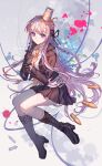  1girl bangs black_footwear black_ribbon black_skirt blood bnags boots breasts bullet collared_shirt cup_ramen cup_ramen_on_head danganronpa:_trigger_happy_havoc danganronpa_(series) from_side full_body grey_hair hair_ribbon highres jacket kirigiri_kyouko knee_boots knees_up lixiang_guo_alice long_hair medium_breasts miniskirt multicolored_background open_clothes open_jacket own_hands_together pink_blood pleated_skirt purple_eyes ribbon shirt skirt solo white_shirt 