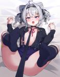 1girl absurdres ahoge bandaid_on_thigh black_collar black_shirt blush breasts collar convenient_censoring english_commentary feet grey_hair hair_intakes hair_ornament highres leash looking_at_viewer lying nijisanji nijisanji_en no_bra on_back open_clothes open_mouth pet_play purple_eyes ribbon seion shirt skirt small_breasts socks solo spread_legs tongue virtual_youtuber zaion_lanza 