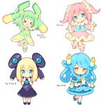  &gt;_&lt; 4girls :d :o aikei_ake bangs black_dress black_footwear blonde_hair blue_bow blue_capelet blue_dress blue_eyes blue_footwear blue_hair blush bow candle capelet closed_eyes closed_mouth commentary_request dress facing_viewer fire frilled_dress frilled_sleeves frills green_dress green_hair hair_between_eyes hair_ornament hair_scrunchie hands_up head_tilt highres holding loafers long_hair long_sleeves looking_at_viewer multiple_girls orange_eyes original outstretched_arms parted_lips personification pink_dress pink_footwear pink_hair scrunchie shoes simple_background sleeveless sleeveless_dress smile standing standing_on_one_leg translation_request twintails very_long_hair white_background xd yellow_footwear yellow_scrunchie 