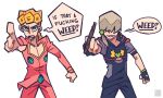  2boys angry blonde_hair cleavage_cutout clothing_cutout drugs fingerless_gloves giorno_giovanna gloves highres jodio_joestar joint_(drug) jojo_no_kimyou_na_bouken light_brown_hair marijuana multiple_boys pointing pointing_at_viewer speech_bubble the_jojolands vento_aureo white_background yakpuu 