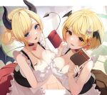  2girls absurdres ahoge apron bangs bat_wings blonde_hair blue_eyes blush breast_tattoo breasts chest_tattoo choker cleavage demon_girl demon_horns demon_tail demon_wings earrings fang hair_bun hair_ornament hairclip head_wings highres hololive horns jewelry large_breasts long_hair looking_at_viewer medium_hair multiple_girls open_mouth pointy_ears red_choker short_hair skin_fang tail tattoo tyabesu valentine vampire virtual_youtuber winged_heart wings yellow_eyes yozora_mel yuzuki_choco 