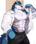  2023 abs absurd_res anthro black_bottomwear black_clothing black_pants blue_body blue_fur bottomwear canid canine canis clothed clothing digital_drawing_(artwork) digital_media_(artwork) fur hand_in_pocket hi_res male mammal muscular muscular_anthro muscular_male open_clothing open_shirt open_topwear pants partially_clothed pecs pockets red_eyes shirt solo topwear white_dress_shirt wolf yed 