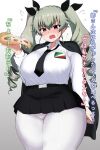  1girl anchovy_(girls_und_panzer) anzio_school_uniform arm_at_side armorganger bangs belt blush breasts commentary_request drill_hair food girls_und_panzer gradient_background green_hair grey_background hair_between_eyes highres holding holding_food huge_breasts long_hair long_sleeves looking_at_viewer necktie open_mouth pantyhose pizza red_eyes school_uniform shirt simple_background skirt solo sweatdrop thick_thighs thighs translation_request twin_drills twintails undersized_clothes white_shirt wide_hips 
