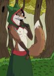  anthro bottomwear breasts canid canine chest_tuft clothed clothing female fluffy forest fox garbagegarage gloves green_clothing handwear hi_res hood mammal nipples partially_clothed plant red_fox skirt small_breasts solo topless topless_female tree tuft 