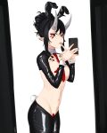  :p absurdres ameiarts animal_ears areola_slip between_breasts black_hair black_hairband black_nails black_thighhighs breasts cellphone cowboy_shot dated facial_mark fake_animal_ears fake_tail finger_to_mouth hair_bun hairband highres holding holding_phone horns large_breasts long_sleeves looking_at_viewer maebari meme_attire nail_polish navel necktie necktie_between_breasts original pasties phone rabbit_ears rabbit_tail red_eyes red_necktie reverse_bunnysuit reverse_outfit selfie short_hair shrug_(clothing) sidelocks single_hair_bun smartphone tail thighhighs tongue tongue_out 