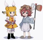  1girl 1other androgynous apron armor bambootea bangs black_footwear blonde_hair bloomers blue_shirt blunt_bangs boots brown_footwear brown_headwear brown_skirt crossover double_bun frilled_apron frills hair_between_eyes hair_bun hair_ribbon haniwa_(statue) helmet holding joutouguu_mayumi katano_sukune katano_sukune&#039;s_bottle_opener len&#039;en long_sleeves medium_hair open_mouth puffy_short_sleeves puffy_sleeves red_eyes red_hair red_ribbon ribbon shirt short_hair short_sleeves simple_background skirt slippers smile stage_connection touhou trait_connection underwear white_apron white_background white_bloomers white_ribbon white_shirt yellow_eyes 