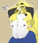  2023 anthro areola armpit_hair belly_tuft black_nipples black_pawpads blonde_hair blue_bottomwear blue_clothing blue_eyes blue_shorts bodily_fluids body_hair bottomwear brown_background brown_body brown_fur bulge canid canine canis cheek_tuft chest_tuft claws clothed clothing clothing_lift dated dee_(dogcore) dogcore ear_piercing ear_ring eyelashes facial_tuft fox fur grey_clothing grey_shirt grey_topwear hair half-length_portrait hi_res hybrid inner_ear_fluff male mammal navel nipple_piercing nipples outline overweight overweight_male pawpads piercing portrait raised_arms ring_piercing shaking shirt shirt_lift shorts signature simple_background solo standing sweat sweatdrop tail topless topwear trembling tuft white_body white_fur white_outline wolf yellow_body yellow_fur 