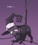  bdsm black_body black_fur blair_(soul_eater) clothing domestic_cat felid feline felis female feral fur hat headgear headwear hi_res labbit1337 latex_clothing mammal open_mouth purple_background purring simple_background solo soul_eater witch_hat 