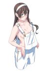  1girl bare_shoulders black_hair blue_eyes breasts closed_mouth glasses headband highres kantai_collection long_hair looking_at_viewer ooyodo_(kancolle) overalls semi-rimless_eyewear simple_background small_breasts solo strap_slip white_background white_headband white_overalls yuuji_(and) 