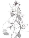  1girl animal_ears bead_bracelet beads bikini blue_archive bracelet breasts closed_mouth commentary_request feet_out_of_frame flower fox_ears fox_girl fox_tail greyscale hair_flower hair_ornament halo highres huge_breasts jewelry kouhii_kitsune long_hair looking_at_viewer monochrome navel official_alternate_costume simple_background smile solo swimsuit tail tail_flower tail_ornament thigh_strap wakamo_(blue_archive) wakamo_(swimsuit)_(blue_archive) 
