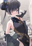  1girl bangs bare_shoulders black_dress black_gloves black_hair blue_archive blush braid braided_bun breasts butterfly_hair_ornament china_dress chinese_clothes coat double_bun dragon_print dress gloves grey_coat grey_eyes hair_bun hair_ornament half_gloves halo highres kanzarin kisaki_(blue_archive) long_hair long_sleeves looking_at_viewer off_shoulder one_eye_closed pelvic_curtain pinstripe_pattern short_dress side_slit small_breasts solo striped twintails vertical-striped_coat 
