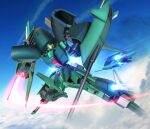  3d anksha arm_cannon beam_saber cloud earth_federation energy energy_cannon flying glowing gundam gundam_unicorn hiropon_(tasogare_no_puu) looking_at_viewer machinery mecha mobile_suit no_humans realistic robot science_fiction thrusters weapon 