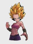  1girl aqua_eyes blonde_hair breasts caulifla closed_mouth dragon_ball dragon_ball_super grey_background kemachiku medium_breasts midriff navel short_hair simple_background smile solo super_saiyan 