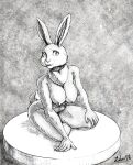  2023 anthro breasts daisy_(doom) doom_(series) ears_up female full-length_portrait greyscale hi_res humanoid_hands id_software lagomorph leporid line_art looking_at_viewer mammal monochrome neck_tuft nipples nude portrait rabbit sabrotiger sitting solo tuft 