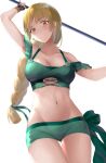  1girl absurdres ass_visible_through_thighs bare_shoulders bikini bikini_shorts blonde_hair braid braided_ponytail breasts cleavage collarbone cowboy_shot fingerless_gloves fire_emblem fire_emblem:_three_houses fire_emblem_heroes gloves green_bikini green_eyes green_shorts groin highres holding holding_polearm holding_weapon ingrid_brandl_galatea ingrid_brandl_galatea_(summer) long_hair looking_down medium_breasts navel off-shoulder_bikini off_shoulder official_alternate_costume polearm sail_(sail-away) short_shorts shorts simple_background solo spear swimsuit very_long_hair weapon white_background 
