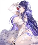  1girl absurdres bangs bare_shoulders blush breasts cleavage genshin_impact highres large_breasts long_hair looking_at_viewer nevakuma_(fanfanas) open_mouth purple_eyes purple_hair raiden_shogun solo thighhighs thighs very_long_hair white_background 