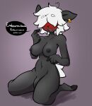  anthro belle_(mewgle) blush bovid breasts caprine embarrassed female french_text genitals hair hair_over_eyes hi_res hooves humanoid mammal notsafeforweh penis sheep solo text 