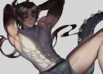  1boy arknights bangs black_hair black_skin chong_yue_(arknights) colored_skin covered_abs covered_nipples dragon_boy dragon_horns dragon_tail earrings gradient_skin horns jewelry kikan_(kikanoe) long_hair looking_at_viewer male_focus male_underwear parted_bangs parted_lips pointy_ears red_eyes shirt simple_background sitting sleeveless sleeveless_shirt smile solo spread_legs tail underwear v-shaped_eyebrows very_long_hair white_background white_shirt 