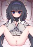  1girl anus bags_under_eyes bangs bed_sheet black_hair black_undershirt blue_archive blue_eyes blue_hairband blue_neckerchief blush bottomless cardigan censored crossed_bangs feet_out_of_frame grey_cardigan hair_between_eyes hairband halo heart heart_censor highres long_hair low_twintails lying naga_u neckerchief on_back own_hands_together parted_lips pillow pussy sailor_collar school_uniform serafuku solo spread_legs sweat twintails ui_(blue_archive) wavy_mouth white_sailor_collar white_serafuku 