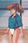  1980s_(style) 1girl athletic_leotard bangs blue_eyes blue_jacket cowboy_shot cream_lemon emblem gymnastics hair_ribbon high_ponytail highres indoors jacket leotard medium_hair non-web_source official_art parted_lips retro_artstyle ribbon scan sleeves_past_elbows solo standing white_shadow 