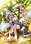  2girls absurdres animal_ears arm_up bangs bare_legs barefoot blonde_hair bow bowtie clothes_removed commentary_request common_raccoon_(kemono_friends) dappled_sunlight day dutch_angle elbow_gloves fang feet fennec_(kemono_friends) fox_ears fox_girl fox_tail full_body fur_collar furrowed_brow gloves grass grey_hair hand_on_hip highres kemono_friends knees_up leaning_forward looking_afar medium_hair miniskirt multiple_girls on_ground open_mouth outdoors outstretched_arm parted_lips pink_sweater purple_sweater raccoon_ears raccoon_girl raccoon_tail savannah shade shoes shoes_removed short-sleeved_sweater short_hair short_sleeves sitting skin_fang skirt soles standing sunlight suou_makoto sweater tail thighhighs toes tree tree_shade yellow_eyes zettai_ryouiki 