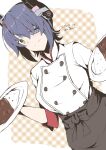  1girl alternate_costume apron black_apron buttons chef commentary_request cowboy_shot curry curry_rice double-breasted dutch_angle eyepatch food headgear highres kantai_collection purple_hair rice shirt short_hair solo taira_yuuki tenryuu_(kancolle) white_shirt yellow_eyes 