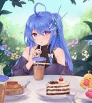  1girl alternate_costume alternate_hairstyle azur_lane bare_shoulders black_shirt blue_hair blue_nails blush bow cake casual day dress drinking drinking_straw english_commentary flower food gradient_hair hair_bow hair_ornament hairclip headgear heart heart_necklace helena_(azur_lane) highres jewelry kyl490 long_hair looking_at_viewer multicolored_hair nail_polish necklace off-shoulder_dress off-shoulder_shirt off_shoulder outdoors ponytail purple_dress purple_eyes purple_shirt shirt sleeveless sleeveless_shirt smile solo upper_body valentine very_long_hair white_bow 