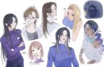  6+girls american_flag black_hair blonde_hair blue_eyes blue_shirt breasts brown_eyes brown_hair character_name character_request closed_mouth commentary_request crossed_arms eoduun_badaui_deungbul-i_doeeo f_novel flashlight glasses grey_eyes hair_ornament hairclip headphones headphones_around_neck highres holding holding_flashlight japanese_flag korean_commentary korean_text long_hair long_sleeves looking_at_viewer multiple_girls parted_lips people&#039;s_republic_of_china_flag pink_nails purple_hair purple_shirt shirt short_hair simple_background single_bare_shoulder smile upper_body white_background white_shirt yu_geum-i 